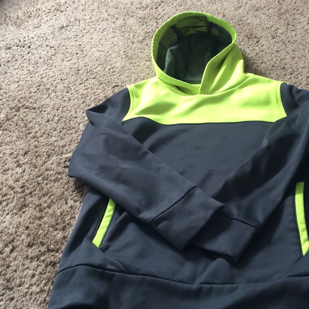 Lime green and dark gray hoodie.